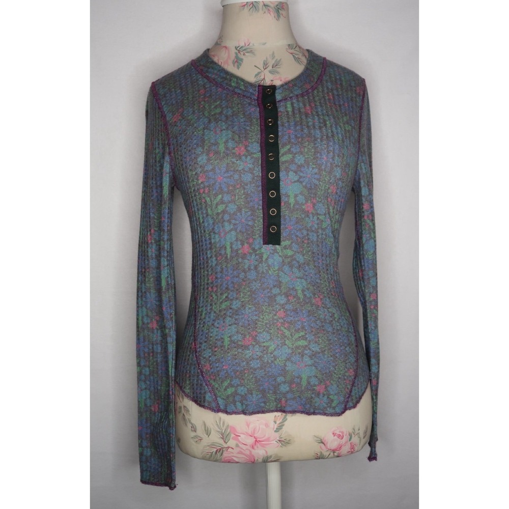 Natural Life Reagan Floral Waffle Knit Snap Henley Thermal Top Women's Small EUC